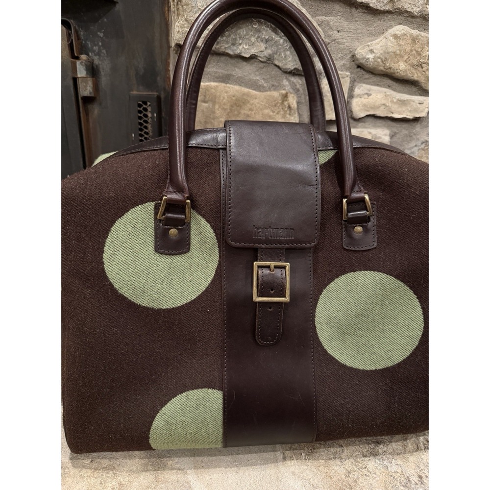 Hartmann Retro Carry On Vintage‎ Wool Leather Brown & Green Polka Dot Carry-On - Picture 2 of 12